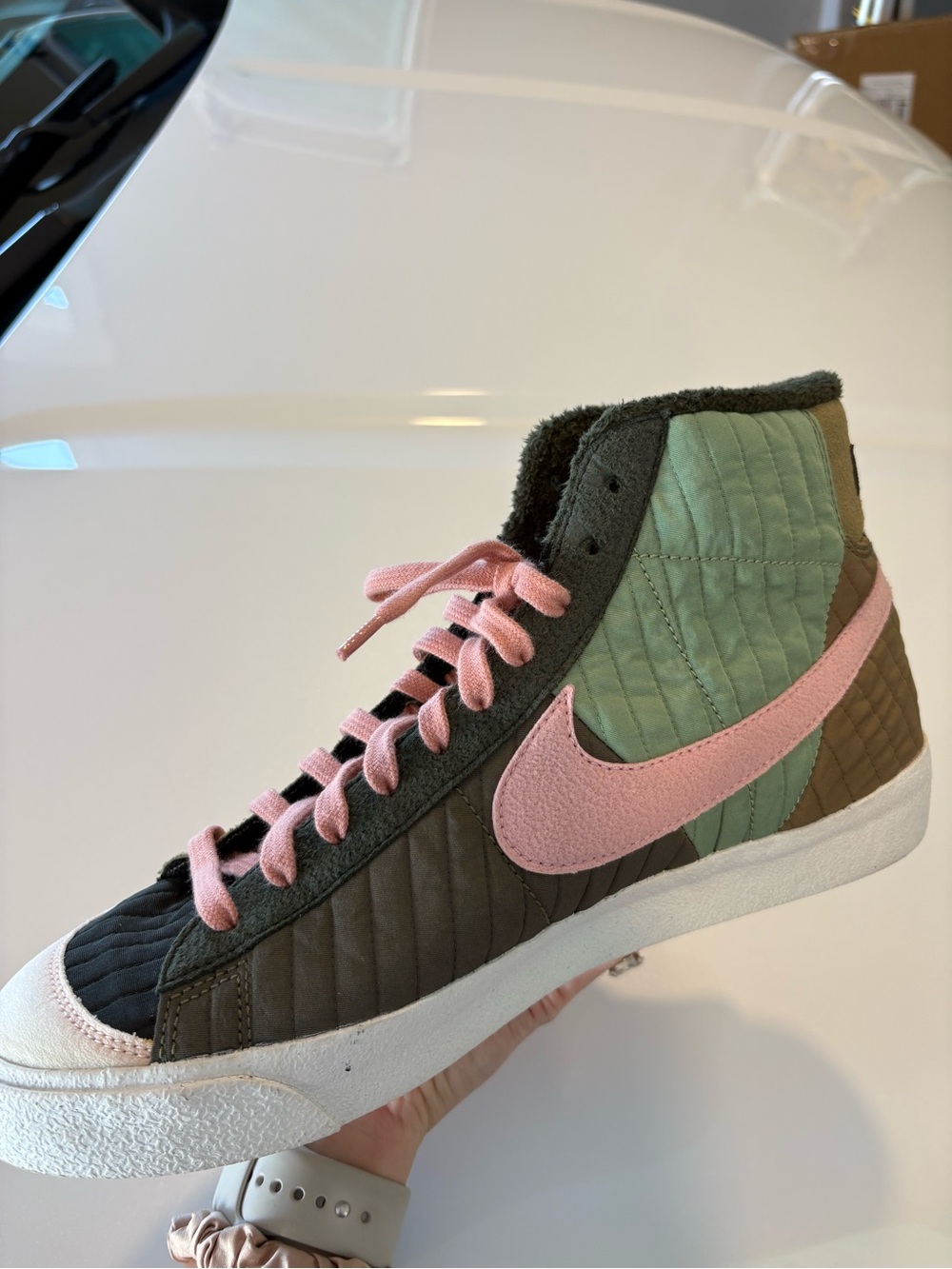 Nike Women’s Quilted High-Top Sneaker - Pink & Olive Green - Picture 3 of 4